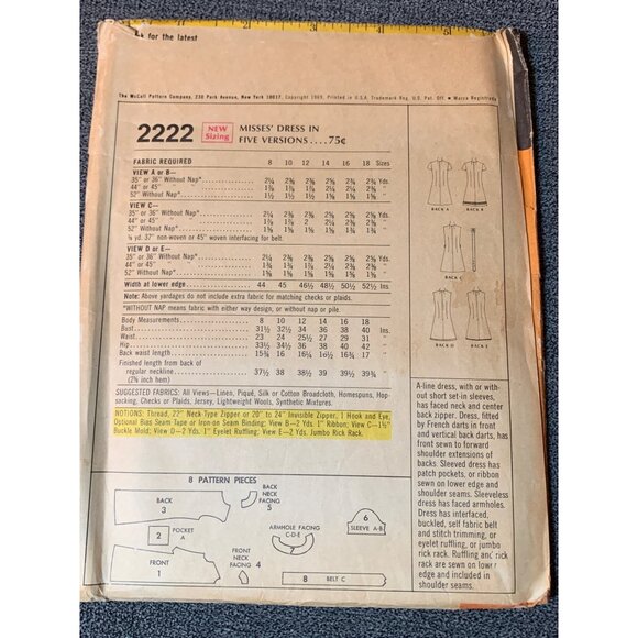 Vintage McCalls 2222 Misses Dress Pattern Size 8 1969 Uncut - Picture 2 of 2